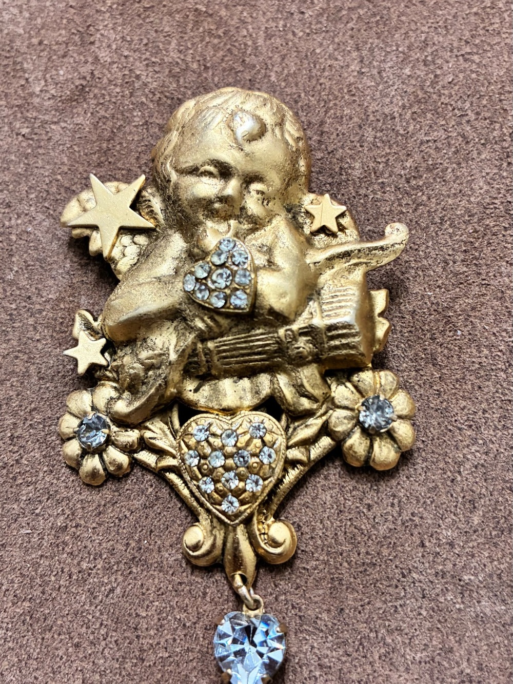 Gold Cherub Heart Brooch with Rhinestone Accents